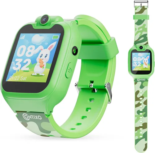 Contixo KW01 - Relojes inteligentes para niños, color verde, pantalla táctil HD de 1.54 pulgadas, juguete educativo con juegos, cámara, grabadora de