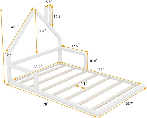 Vista 2 de Harper & Bright Designs Cama de suelo de tamaño matrimonial con cabecera en forma de casa, marco de cama Montessori, cama de plataforma, cama