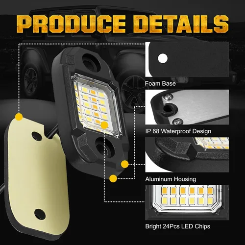 Vista 5 de Luces LED de roca de colores blancos y amarillos impermeables debajo de la carrocería Glow Trail Rig Lámpara LED Luces de neón para camión, coche