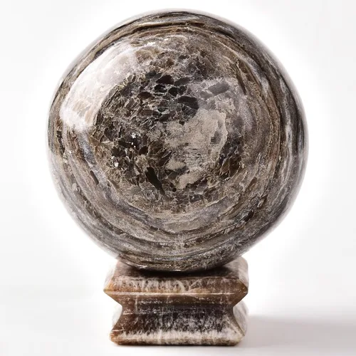 Vista 23 de AMOYSTONE Ágata calcopirita natural, bola de cuarzo simbiótico, esfera mineral de orbe de cristal curativo con base de madera