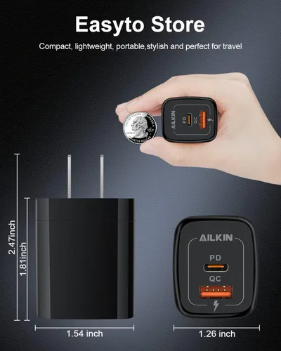 Vista 4 de Paquete de 3 cargadores USB C, cargador USB de doble puerto USB-C enchufable de pared 20 W PD y QC3.0 tipo A bloque de carga rápida para Samsung