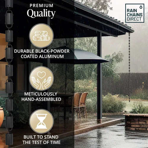 Vista 4 de Rain Chains Direct - Cadena de lluvia de barril - 8.5 pies - Aluminio recubierto de polvo negro duradero - Cadenas de lluvia premium para canaletas