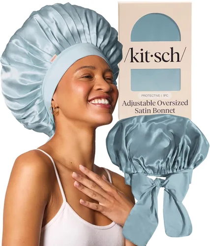 Vista 16 de Kitsch Gorro de satén XL para dormir, más suave que el gorro de seda para mujeres que duermen, ajuste seguro, ajustable, gorra de noche para cabello