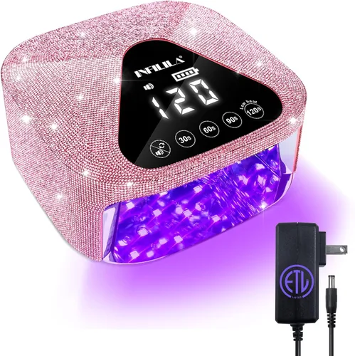NXJ INFILILA Luz UV para uñas de gel, lámpara de uñas inalámbrica de 54 W, lámpara de uñas recargable de diamantes de imitación rosa, secadora