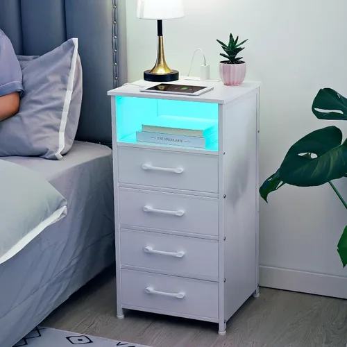 Vista 2 de LOAKEKEL Juego de 2 mesitas de noche altas con estación de carga para dormitorio con 4 cajones, mesa auxiliar LED con puertos USB y tomas, mesita