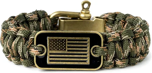 iHeartDogs Hero Company - Pulsera de paracaídas de camuflaje, pulsera táctica de supervivencia para hombres con bandera de Estados Unidos de bronce,