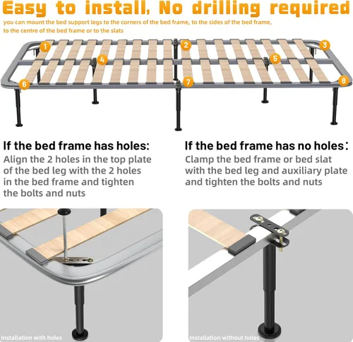 Vista 5 de Wlrrcwdttc 2 piezas de patas de soporte de cama ajustables de altura 15-27 cm, patas de soporte central de marco de cama para marco de cama/listones