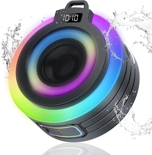 Altavoz Bluetooth para Ducha, Altavoz Bluetooth Portátil Sonido Estéreo con Ventosa/Cordón, Micrófono Incorporado, Altavoces Inalámbricos IPX7