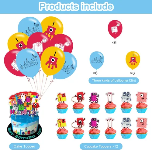 Vista 3 de Numberblocks Decoración de fiesta de cumpleaños, pancarta de cumpleaños con temática de números, decoración de pastel, globos de látex para fiestas
