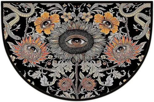 Apular Tapete de baño medio redondo con diseño floral de girasol, diseño de ojos malvados, tapete de baño de medio círculo, tapete de baño