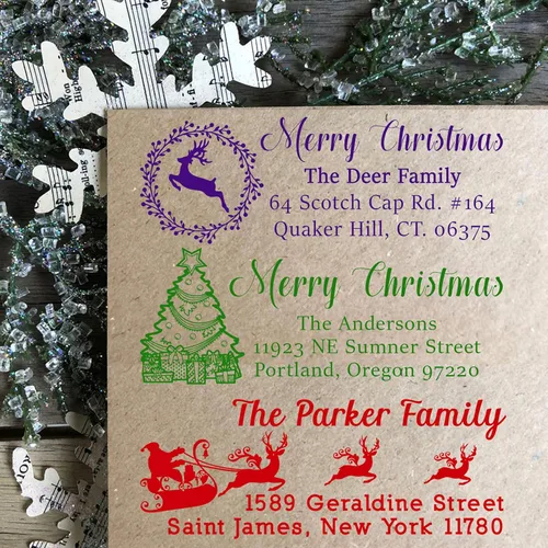 Vista 3 de ¡Elige tu diseño! - Sello de dirección de Navidad, con texto en inglés "Merry Self Inking", sello personalizado de goma para renos, Papá Noel, sello