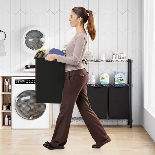 IDEALHOUSE Clasificador de 3 cestas de lavandería 2024 – Cesta plegable con 3 bolsas de lavandería de 45 L y estante de almacenamiento ajustable de