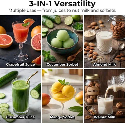 Vista 8 de TUUMIIST Exprimidor de prensa en frío 3 en 1, exprimidores de masticación Smart Touch para frutas y verduras enteras, exprimidor lento de 6.5