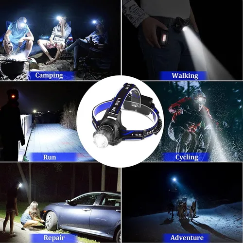 Vista 6 de Foleto Linterna frontal LED recargable, lámpara de cabeza brillante de 600 lúmenes con 3 modos, IPX4 impermeable, ajustable a 90°, faro con zoom