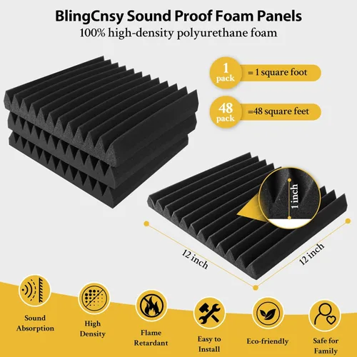 Vista 4 de Paquete de 48 paneles de pared insonorizados de 1 x 12 x 12 pulgadas, autoadhesivos, paneles de espuma acústica de alta densidad a prueba de sonido