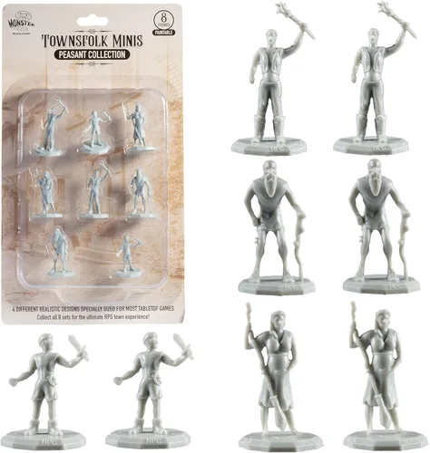 Monster Townsfolk Mini Figuras de fantasía – 8 piezas de personajes campesinos no jugadores en miniatura NPC – Tamaño hexagonal de 1 pulgada