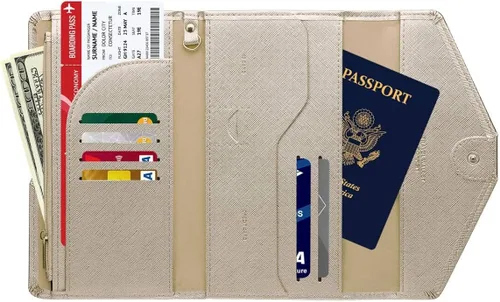 Vista 2 de Zoppen - Billetera de viaje con bloqueo RFID multiusos (Ver.4) Portatarjetas de pasaporte y vacunas, organizador de documentos de tres pliegues