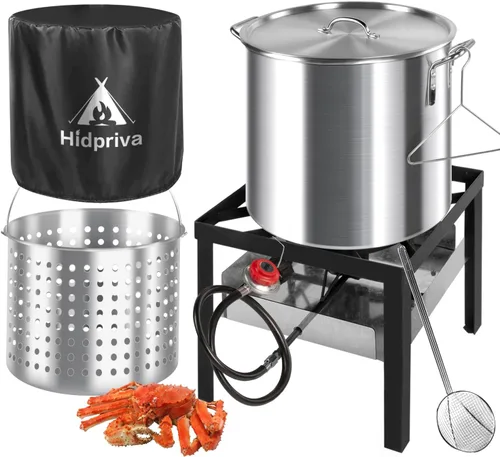 Vista 10 de Kit de freidora de pavo de 30QT y freidora de pescado de 10QT de Hidpriva, cubierta impermeable y escumador de 30,5 cm, estufa de quemador