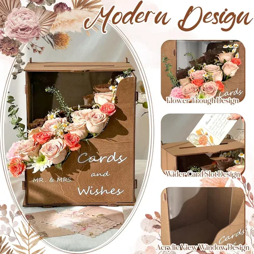 Vista 4 de OurWarm Caja de tarjetas de boda de madera con canal de flores onduladas, cajas de tarjetas de boda rústicas de color marrón para recepción
