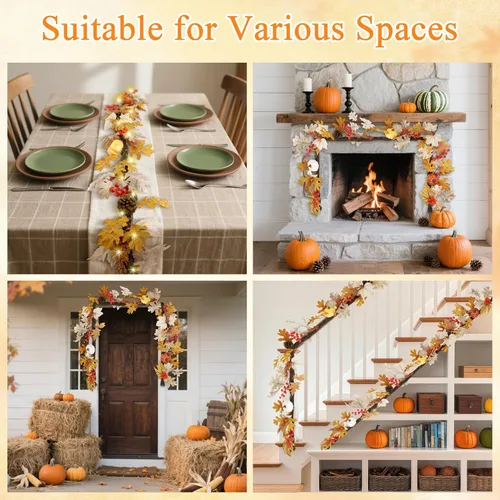Vista 6 de Guirnalda de otoño con luces, guirnalda de calabaza para centro de mesa, guirnalda de otoño para manto, cena de Acción de Gracias, chimenea, puerta