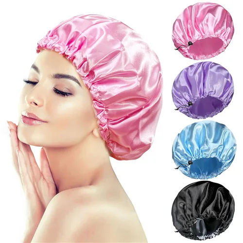 Vista 18 de Gorros de ducha para mujer, extra grande, ajustable, impermeable, reutilizable, gorro de ducha para mujeres y niñas, cabello largo y grueso, gorros