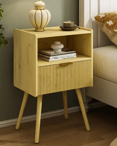 Vista 14 de JOONEE Mesita de noche negra, moderna mesita de noche con cajón de almacenamiento y estante de madera abierta, para sala de estar, dormitorio