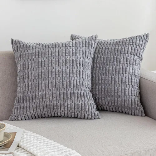 Vista 10 de Paquete de 2 fundas de almohada decorativas azules de 18 x 18 pulgadas, fundas de cojín de pana bohemia a rayas, decoración moderna de casa de campo