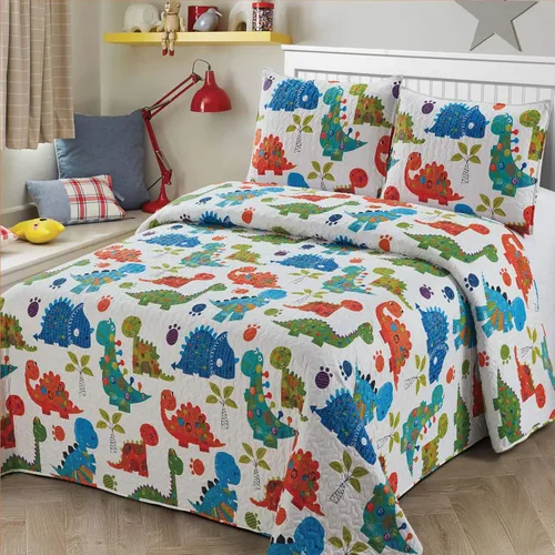 Vista 9 de Colcha edredón de 2 piezas tamaño Twin para niños/adolescentes varones, dinosaurios, verde militar, azul, naranja, multicolor, ropa de cama nueva