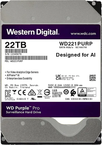 Vista 2 de Western Digital Disco duro interno WD Purple Pro Surveillance de 22 TB - SATA 6 Gbs, caché de 512 MB, 3.5" - WD221PURP