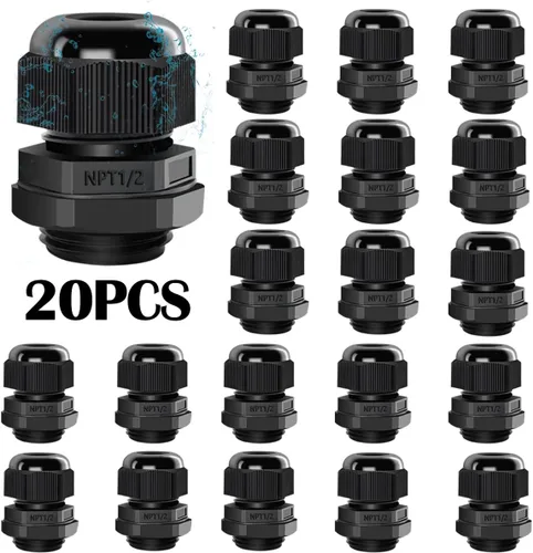Juego de 20 prensaestopas de cable NPT de 1/2 pulgada, impermeables, ajustables, de nailon, para alivio de tensión, color negro con juntas