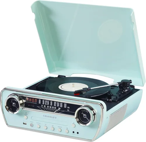 Vista 7 de Crosley CR6047A-AB Powel 7-en-1 Tocadiscos Bluetooth con entrada/salida de vinilo, radio AM/FM, reproductor de CD y entrada auxiliar, Azul Aqua