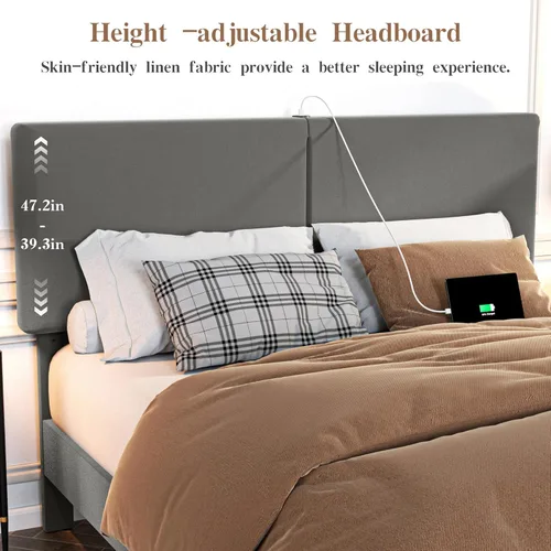 Vista 11 de VECELO Base de cama tamaño Queen tapizada con cabecera de algodón y lino ajustable en altura, listones de madera resistente, espacio debajo