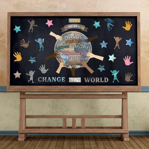 Vista 6 de 88 piezas de decoración de pared para el aula de One World Together, We Can Change The World, recortes de manos con recortes de estrellas