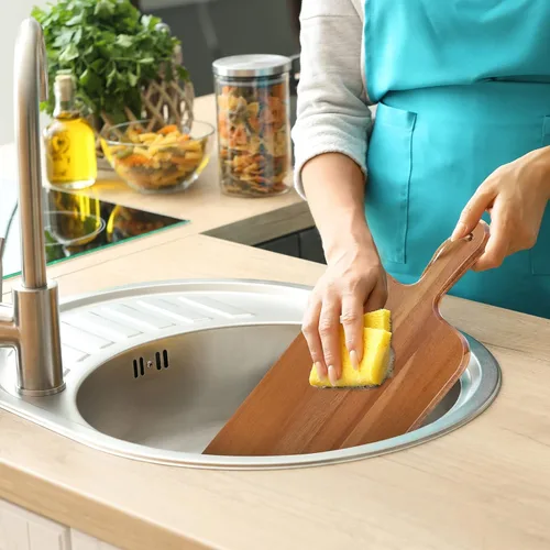 Vista 7 de Paquete de 6 tablas de cortar de madera de acacia con asa, tablas de cortar de madera grandes de madera para charcutería, tabla de cortar de madera