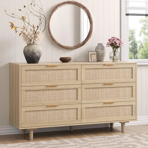 Cómoda de ratán de 51 pulgadas para dormitorio, cómoda de 6 cajones, cómoda bohemia y de granja, armario de almacenamiento de ropa, mango de metal y