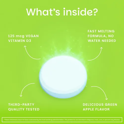 Vista 4 de EZ Melts D3, 5000 IU, vitaminas solubles, cero azúcar, sabor natural a manzana, libre de GMO, pastillas de disolución rápida, salud ósea e
