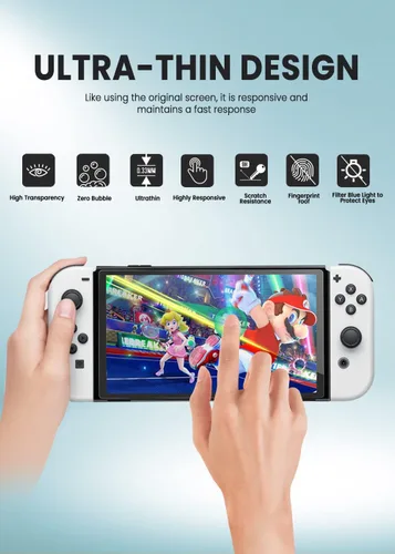 Vista 4 de Mumba Paquete de 3 protectores de pantalla para Nintendo Switch Oled, película de vidrio templado 9H con suave, HD transparente, fácil de instalar