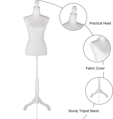 Vista 2 de HYNAWIN Forma de vestido de cuerpo de torso de maniquí femenino blanco con soporte de trípode ajustable para exhibición de joyas de vestir
