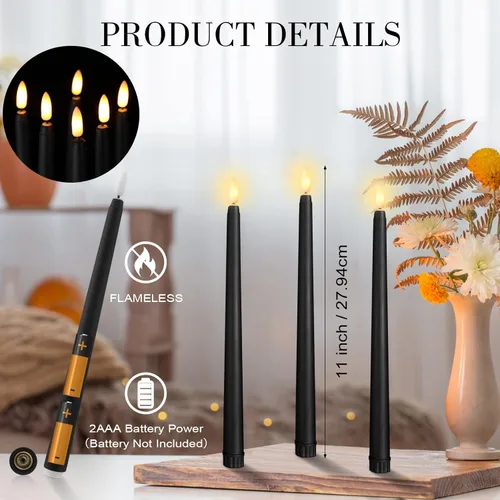 Vista 3 de Qunclay 120 velas cónicas negras sin llama con luz amarilla parpadeante de plástico realista de 11 pulgadas de largo, funciona