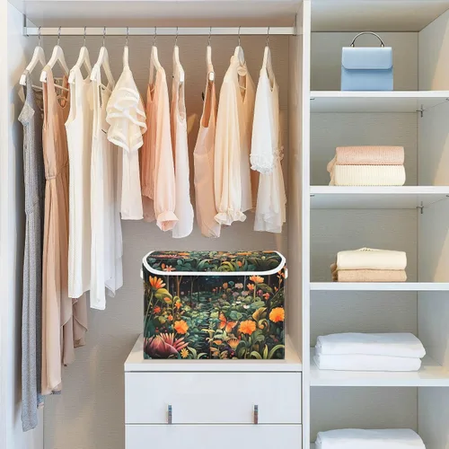 Vista 5 de JUNZAN Wonderland Orange Green Storage Box With Lid Collapsible Closet Organization Storage Bins Large for Dorm Room Dormroom Storage