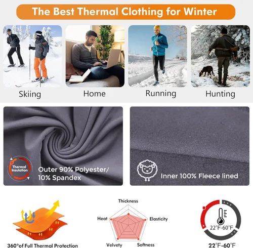 Vista 3 de Ropa interior térmica para hombre conjunto de pantalones largos ultra suaves con forro polar capa base cálida superior e inferior para clima frío