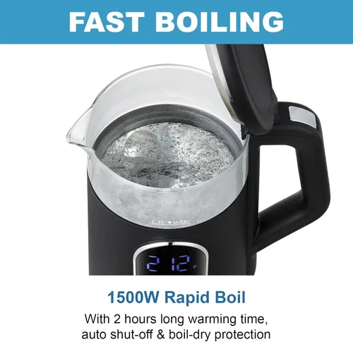 Vista 4 de Hervidor eléctrico, hervidor de agua de vidrio de ebullición rápida de 1500 W con control de temperatura, base de acero inoxidable inalámbrica