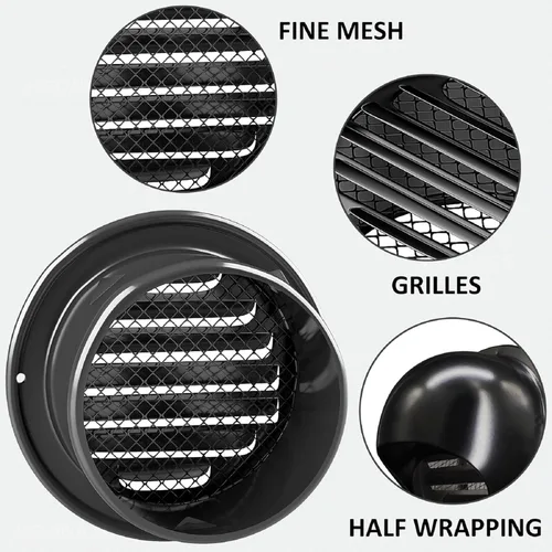 Vista 3 de Tapa redonda de ventilación de pared de 4 pulgadas, cubierta de pared de extractor de aire de acero inoxidable con pintura negra, tapa de salida