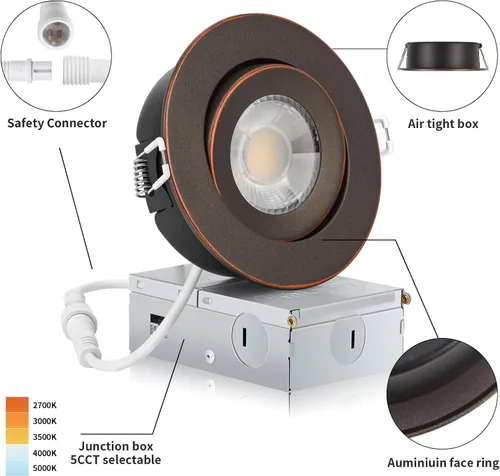 Vista 4 de KnLnny Ware Iluminación Empotrada de Bronce Frotado con Aceite de 4 Pulgadas con Luz Nocturna, Paquete de 6, Luces LED Cardán con Caja