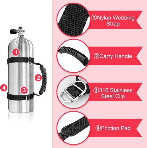 Vista 5 de Soporte de tanque de buceo, correa ajustable de acero inoxidable 316 de alta resistencia, correa de transporte de cilindro de aire con mango