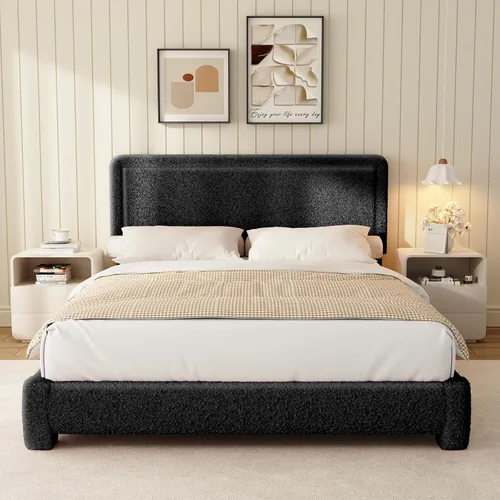 Vista 3 de Marco de cama Boucle de tamaño Queen, marco de cama tapizado Cloud con cabecera ajustable, esquinas redondeadas suaves, no requiere somier, fácil