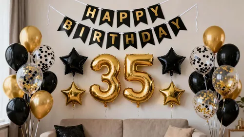 Decoraciones de cumpleaños de 35 años, color negro y dorado para hombres y mujeres, pancartas de cumpleaños número 35, globos de confeti de papel de
