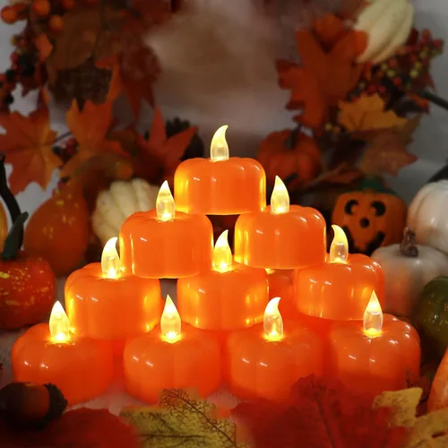 Vista 4 de CESOF Velas de té de calabaza, decoraciones de otoño, paquete de 12 luces LED de calabaza naranja, velas sin llama, funciona con pilas, vela