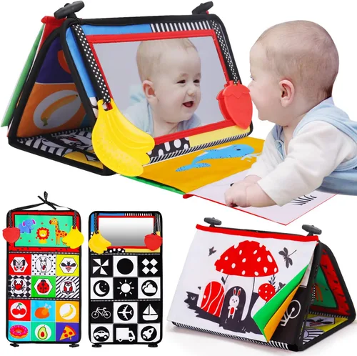 Espejo para bebé Tummy Time, juguetes para bebés recién nacidos de 0 a 3 meses, desarrollo cerebral con libro de tela arrugada, mordedor, color