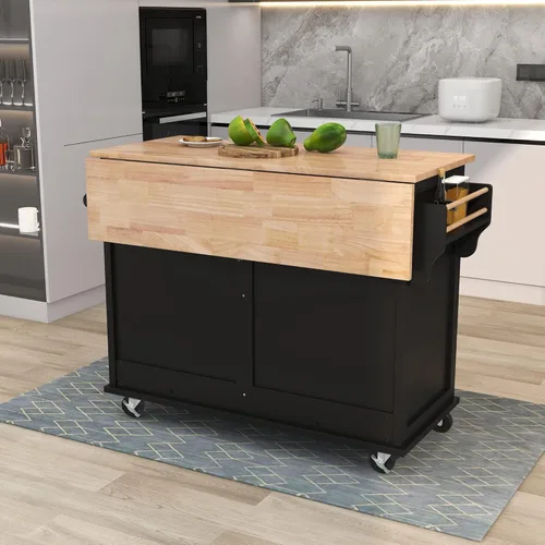 Vista 101 de P PURLOVE Carrito de isla de cocina con parte superior de madera y ruedas de bloqueo, carrito móvil de isla de cocina con armario de 4 puertas